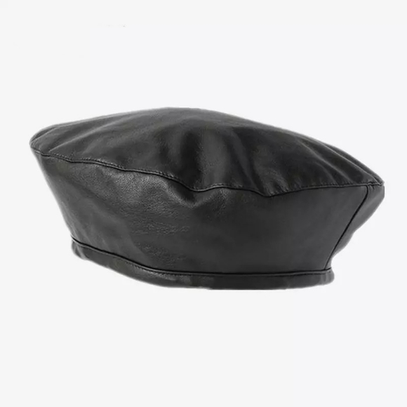 Black Leather Beret Hat Faux Leather Tam PU Vegan Leather - Picture 5 of 11